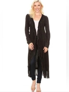 T party sz small long fringed duster black Boho Western Festival Stagecoach New